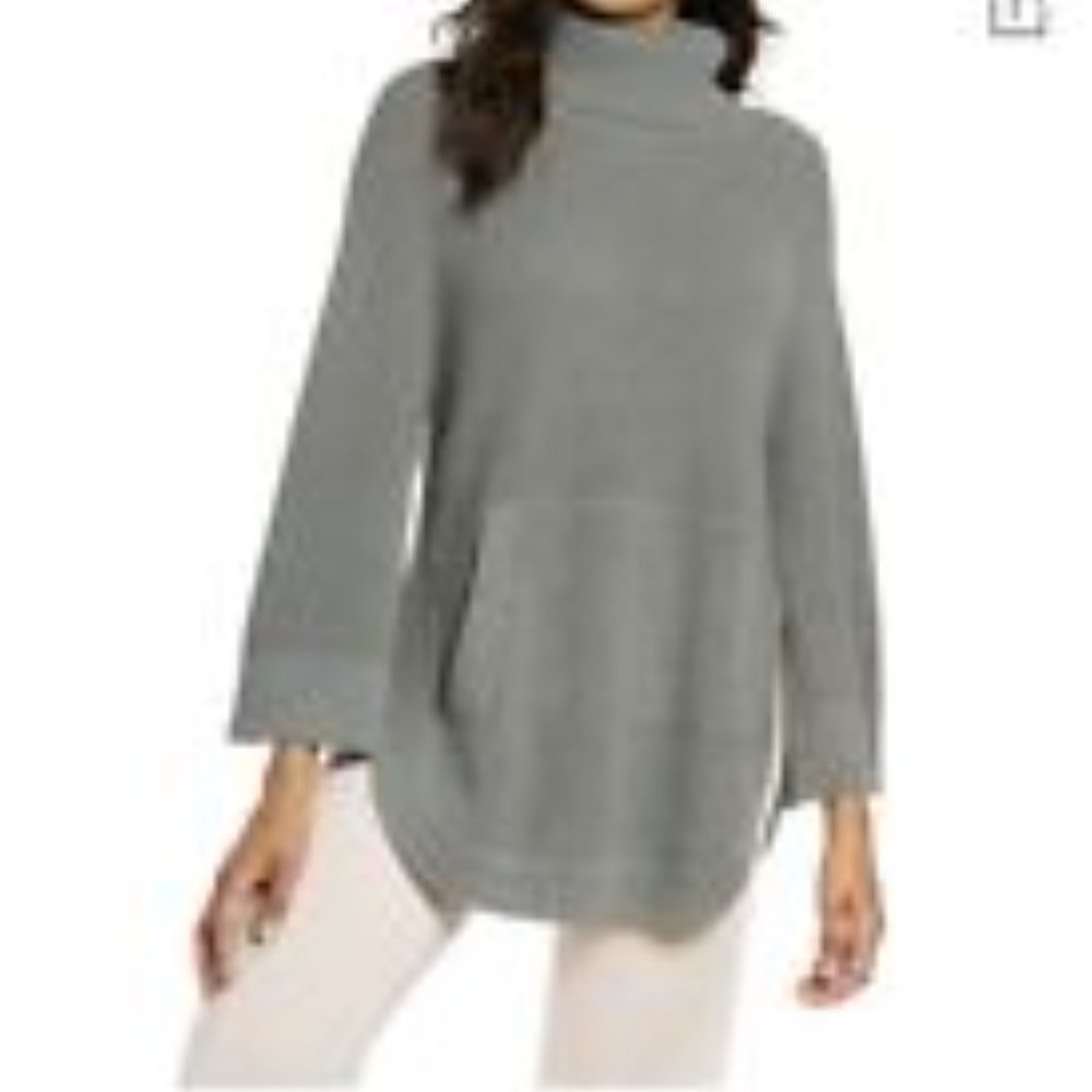UGG Large Raelynn Soft Cable Knit Turtleneck Poncho Gray Sweater Pockets
